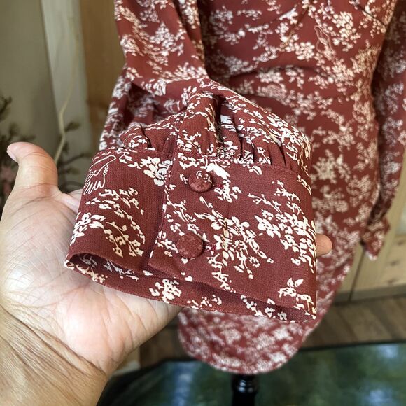 Ambition Women Autumn Floral Long Sleeve Rouched Midi Dress Semi Sheer Size S - Picture 3 of 12